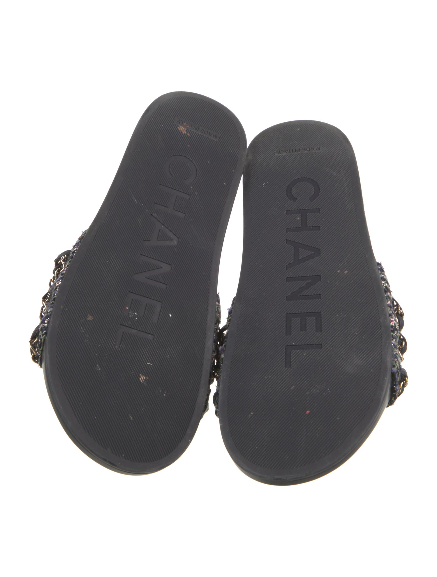 Chanel Interlocking CC Logo Tweed Slides